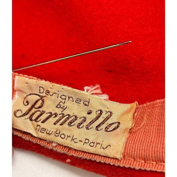 Vtg Parmillo NY Red Cocktail Tilt Hat Wool Felt Black Beaded Net Veil Feather main image 9